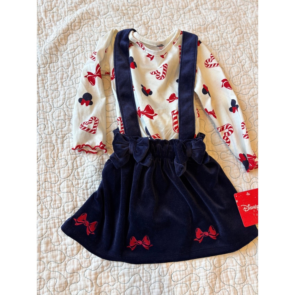 Disney Minnie Mouse Holiday Dress Set Navy Velvet Suspender Candy Cane 18 Months